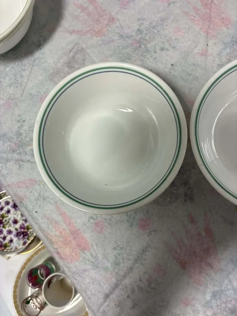 Corelle Rosemarie Soup Cereal Bowls White with Two Green Rings Set of 2